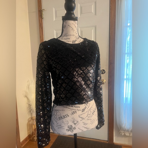 Express Sequin Crop Top Size M Long Sleeve Back Zip Diamond Pattern Top - Picture 1 of 7